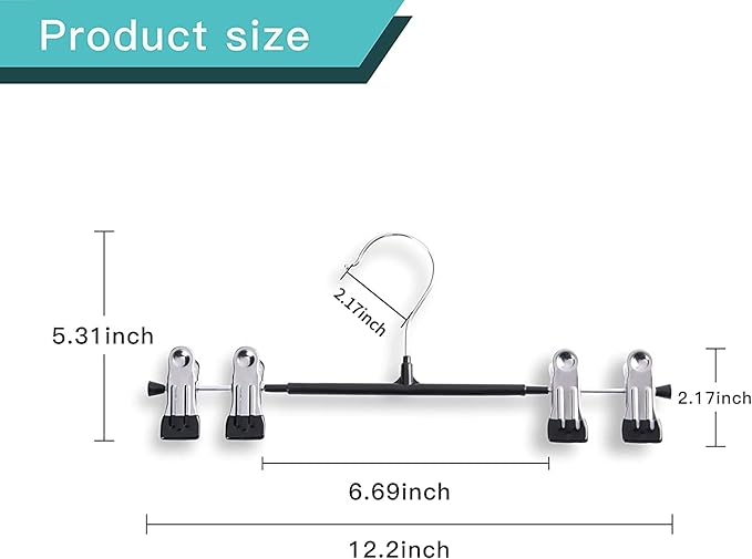 Pants Hangers with Clips Skirt Hangers 12 Inch 10 Pack, Black | Non-Slip,Adjustable metal clips,Space-Saving,Heavy duty, for pants/skirt/dress/trousers/jeans/shorts/Clothes,Women,men - Image 6