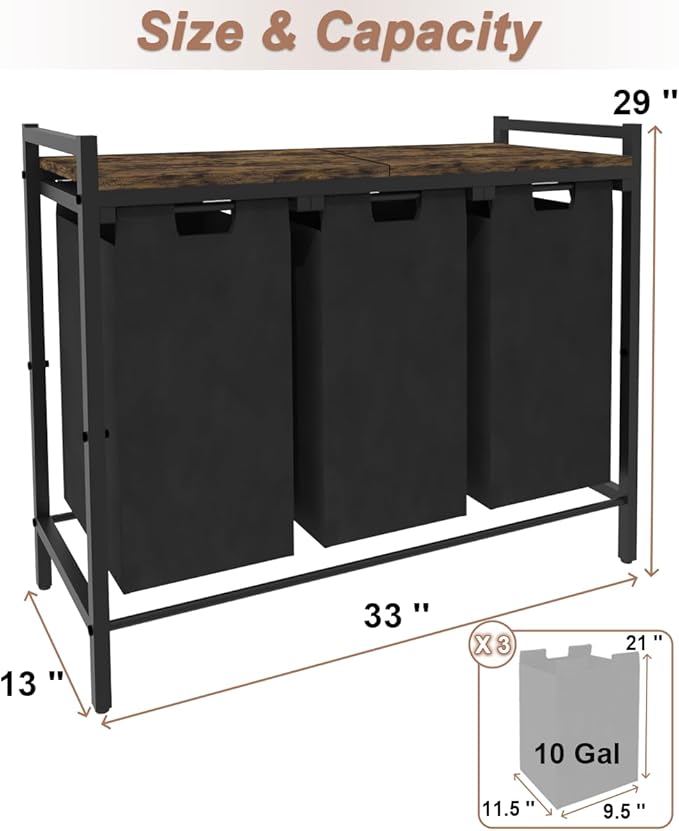 10 x 3 Gal Large Laundry Hamper, Rustic Brown and Black | Freestanding Clothes Basket Organizer with 3 Pull-Out & Removable Sorter Bags for Clothing or Toys in Bathroom & Living Room - Image 7