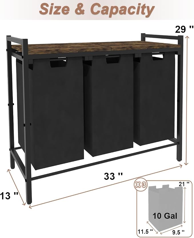 10 x 3 Gal Large Laundry Hamper, Rustic Brown and Black | Freestanding Clothes Basket Organizer with 3 Pull-Out & Removable Sorter Bags for Clothing or Toys in Bathroom & Living Room - Image 7