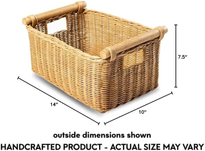 The Basket Lady Pole Handle Wicker Storage Basket, S, Sandstone | Outside: 14" L x 10" W x 7.5" H | Inside: 12"L x 8.5"W x 7"H - Handcrafted by artisans from natural rattan - Image 7