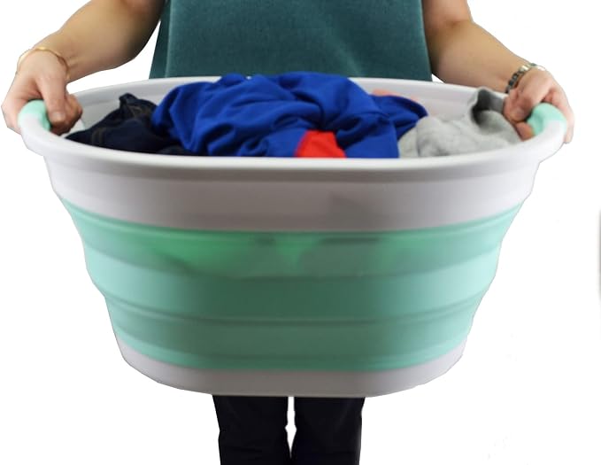 SAMMART 32L (8.4 gallon) Collapsible Plastic Laundry Basket - Foldable Pop Up Storage Container/Organizer - Portable Washing Tub, Water Capacity: 24L (1, White/Light Green) - Image 7