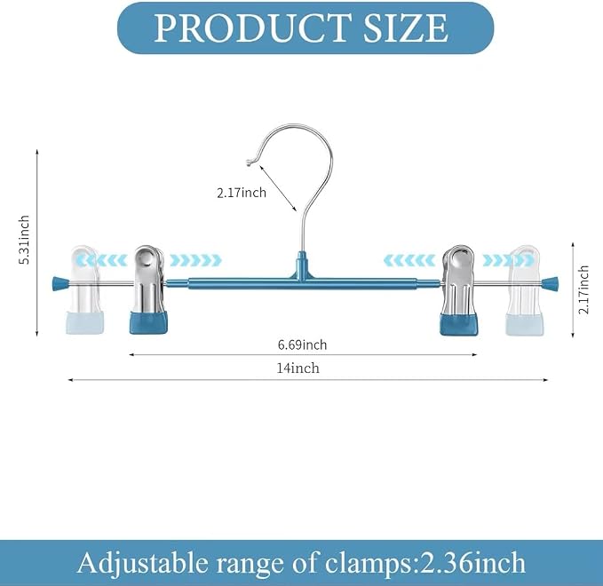 14 Inch Pants Hangers with Clips Skirt Hangers, 10 Pack, Blue | Non-Slip,Adjustable metal clips,Space-Saving,Heavy duty, for pants/skirt/dress/trousers/jeans/shorts/Clothes,Women,men - Image 6