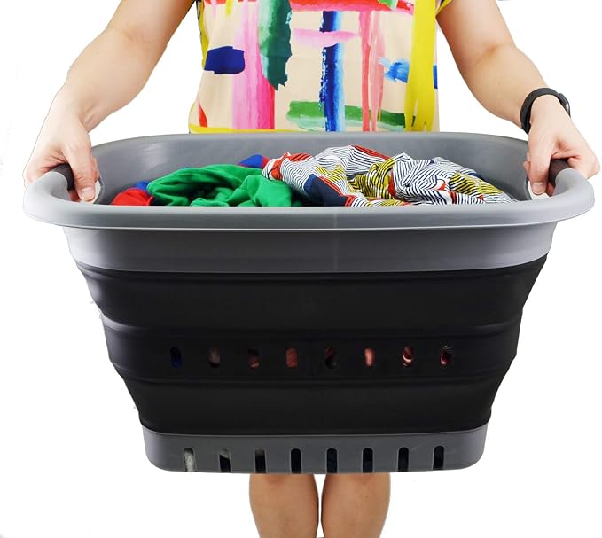 SAMMART 37L (9.77 gallon) Collapsible Plastic Laundry Basket - Foldable Pop Up Storage Container/Organizer - Portable Washing Tub - Space Saving Hamper/Basket (2, Grey/Black) - Image 7