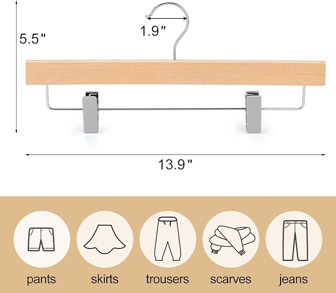TOPIA HANGER Lotus Wood Pants Hangers, Unfinished Wooden Skirt Short Jeans Trouser Hanger with 360° Swivel Hook Anti Rust 2 Adjustable Clips, 20 Pack, CT10PN20 - Image 6