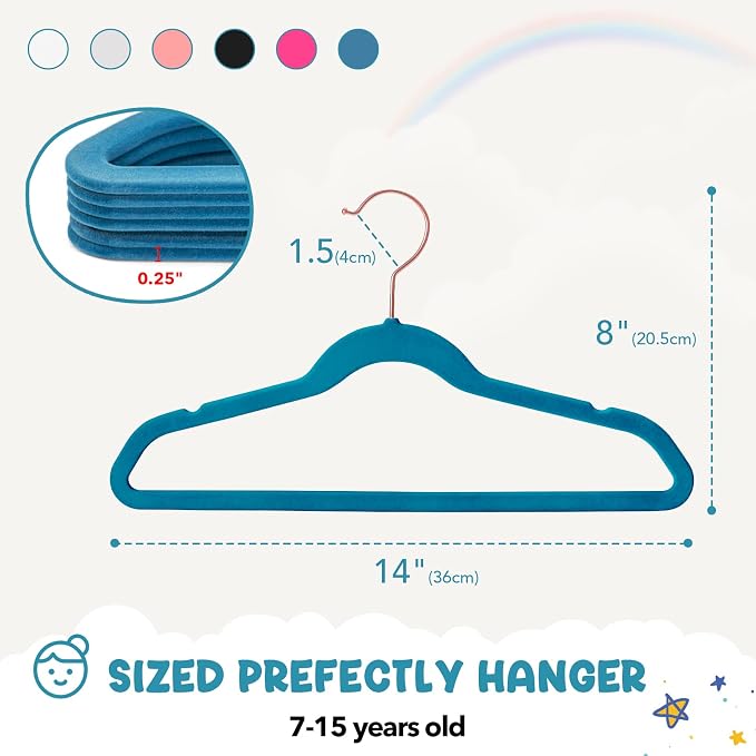 HOUSE DAY Velvet Kids Hangers 60 Pack, Premium Childrens Hangers for Closet | Light Blue Ultra Thin Cute Clothes Hanger, Non Slip Small Felt Hanger 14 Inch for Kids Clothes +360° Swivel Rose Gold Hook - Image 7