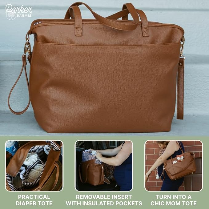 Parker Baby Co. Willow Tote, Vegan Leather Diaper Tote & Removable Insert | Stylish diaper tote bag with removable insert, changing pad and stroller hooks create a polished work-to-baby carryall - Image 7