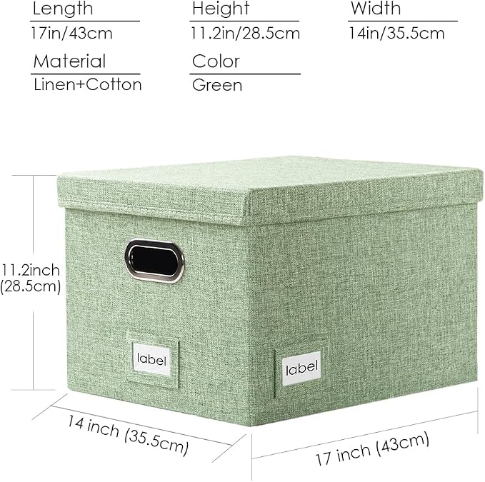 File Organizer Box - Set of 1 Collapsible Decorative Linen Filing Storage Hanging File Folders with Lids Office Cabinet Letter/Legal Green (17x14x11.2 inch) - Image 7
