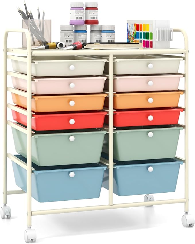 Moccha 12-Drawer Rolling Storage Cart - Utility Cart on Wheels with Lockable Casters for Craft Art Supply Paper Salon, Mobile Drawer Carts for Classroom Teacher School Office, Macaron - Image 9