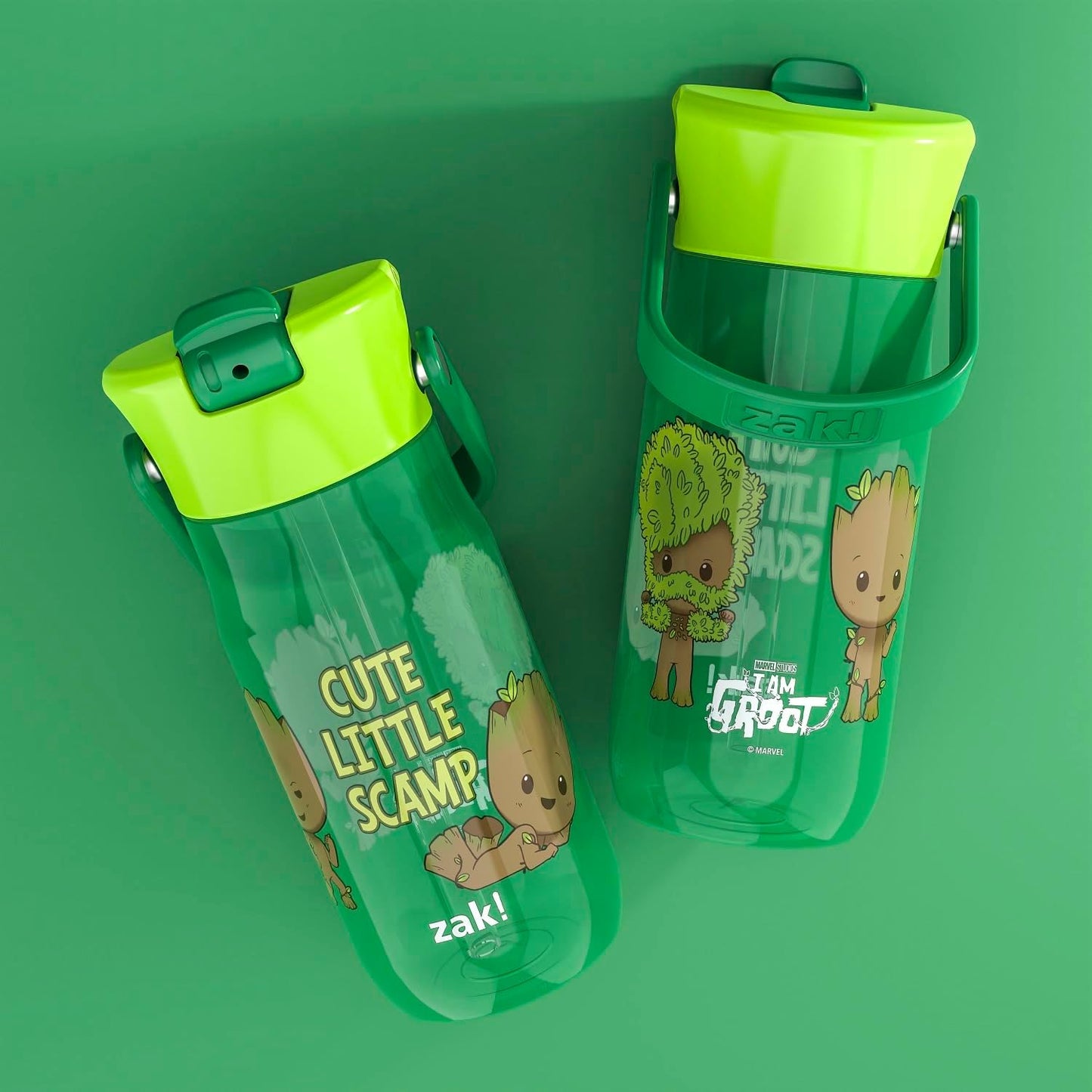 Zak Designs Harmony Marvel Groot Water Bottle for Travel or At Home, 18oz Recycled Plastic is Leak-Proof When Closed with Straw Lid and Carry Handle, 2-Pack (Groot)