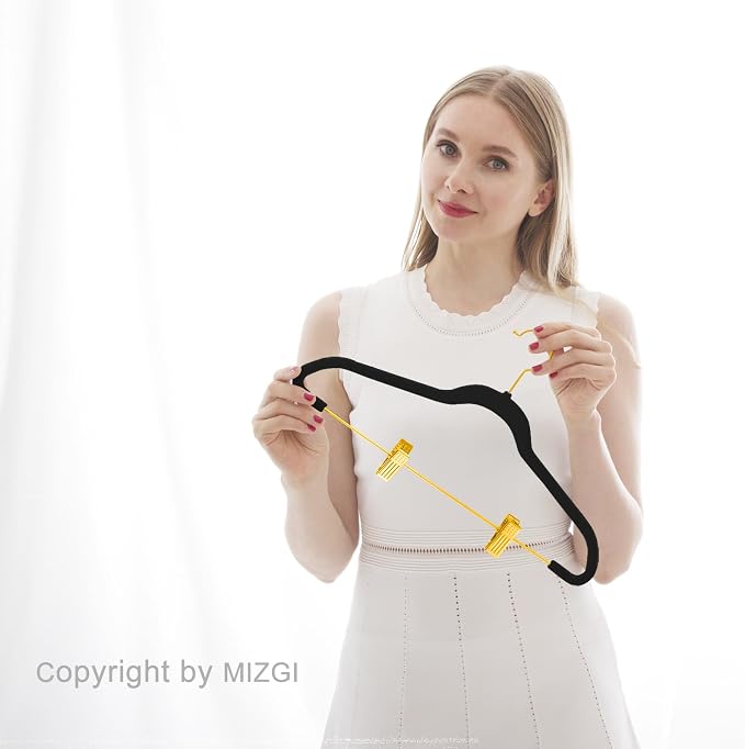 MIZGI Premium Velvet Pants Hangers with Adjustable Clips (Pack of 30) Slim Skirt Hangers- Non Slip Felt Outfit Dress Hangers Black - Gold Hooks,Space Saving Shirt Clothes Hangers - Image 7