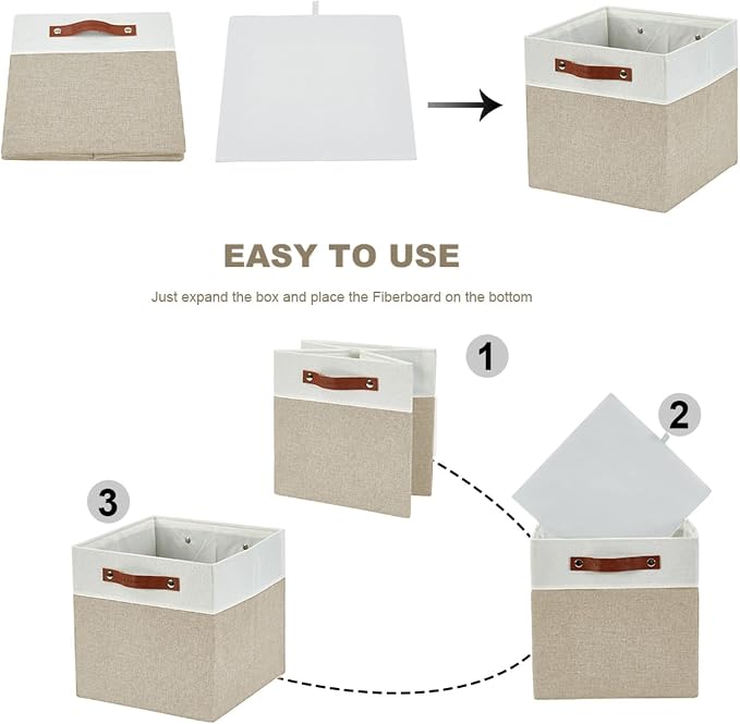 DECOMOMO Fabric Cube Storage Bins, Storage Baskets for Shelves 4 Pack | 11 inch Cube Storage Organizer for Kallax and Cubbies (Beige & White) - Image 9