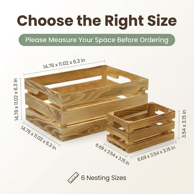 Wooden Crates for Display 6 Pack, Rustic Nesting Wood Crates | 6 sizes of pine wood crates with handles for farmhouse decor, storage, weddings, markets, and DIY crafts - Image 8