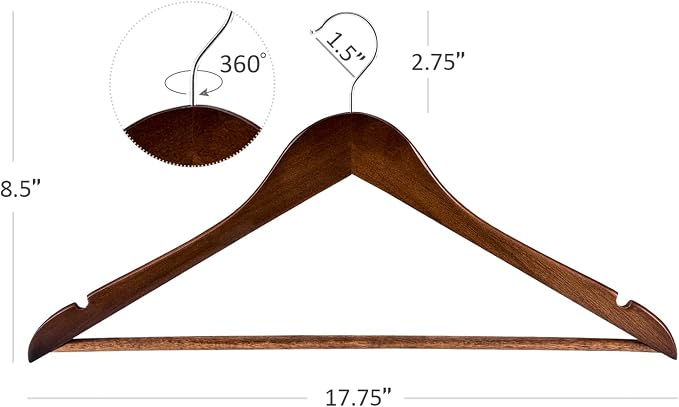 HOUSE DAY Premium Wooden Hangers 10 Pack, 17.5" Smooth Wood Clothes Hangers | with Non-Slip Pants Bar, Shoulder Notches, 360° Swivel Hook for Suits, Coats, Shirts and Dresses, Walnut - Image 7