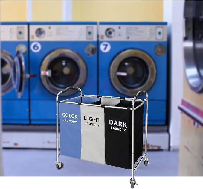 Laundry Basket, Large Laundry Hamper with Wheels, 3 Section Laundry Bag Organizer for Dirty Clothes; Dorm Room Essentials, Towel & Toys Storage Laundry Cart in Laundry Room Organization -BLUE - Image 5