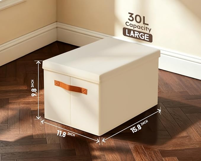 Storage Bins with Lids - Large Fabric Closet Bins with Lid, 5 Pack Clothes Organizers and Storage, Collapsible Stackable Cube Basket for Home, Office, Dorm, Beige - Image 7