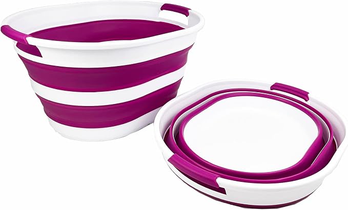SAMMART 23L (6 Gallons) Collapsible Plastic Laundry Basket - Oval Tub/Basket - Foldable Storage Container/Organizer - Portable Washing Tub (White/Purple (Set of 2)) - Image 9