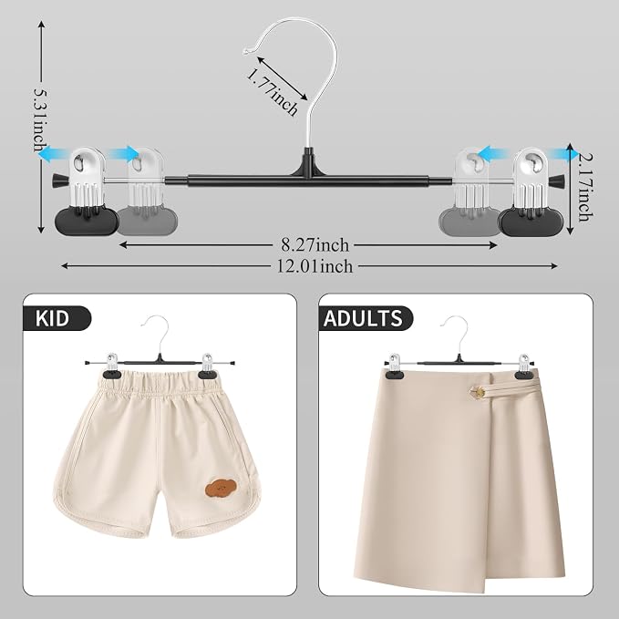 HUADYMEET 50 Pack Heavy Duty Pants Skirt Hangers with Clips,Black,12 Inch | Metal,Space Saving,Adjustable,Hanger for Jeans Shorts Clothes Slacks Trousers,For Adult Men Women Children,Non Slip - Image 6