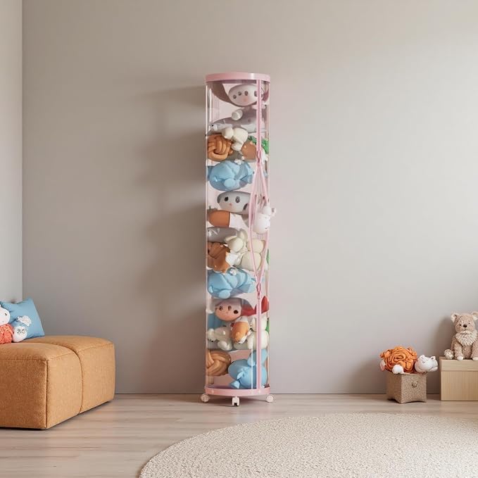 Upgraded Stuffed Animal Storage Tube,Tall (150cm) Plush Organizer with 4 Wheels,Pink PET Clear Bucket & Double Zipper, Space-Saving Toy Storage for Kids Room,Tidy Zoo Bin for Stuffed Animals - Image 6