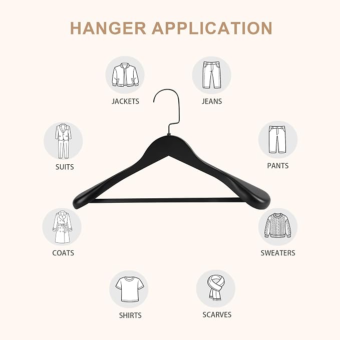 Wooden Suit Hangers with Non Slip Pants Bar, Black, 6-Pack, 16" | Wood Extra-Wide Shoulder Hangers, Flat-Head Hook Hangers for Suits, Coats, Jackets, Shirts, Pants, and Heavy Clothes - Image 8