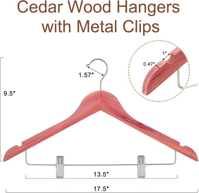 TOPIA HANGER American Red Cedar Wooden Hangers with Adjustable Metal Clips and 360° Swivel Hook, Premium Wood Clothes Hangers 20 Pack for Suit, Pant, Skirt, Jeans, Coat, Jacket-CT28C20 - Image 7
