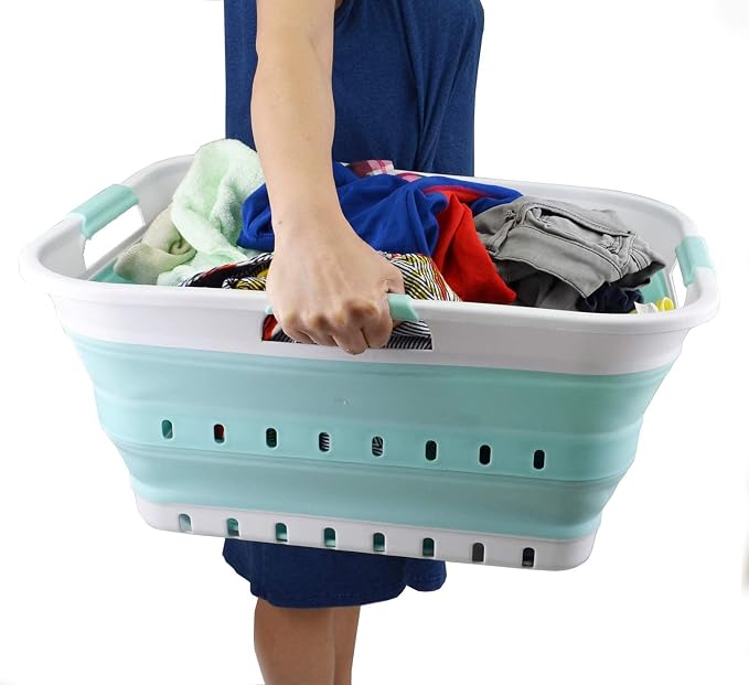 SAMMART 42L (11 gallon) Collapsible Plastic Laundry Basket - Foldable Pop Up Storage Container/Organizer - Portable Basket - Space Saving Hamper/Basket (2, White/Lake Green) - Image 8