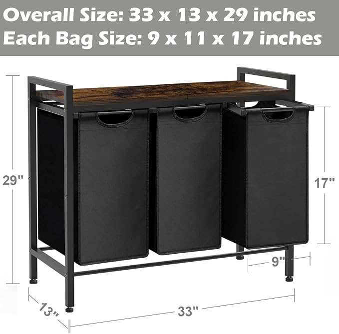 Large Laundry Hamper Sorter with 3 Removable & Pull-Out Sorting Bags, Wooden Top Shelf, Versatile Laundry Basket Organizer for Laundry Room, Bathroom, Dorm, 8 * 3 Gal, Black - Image 7