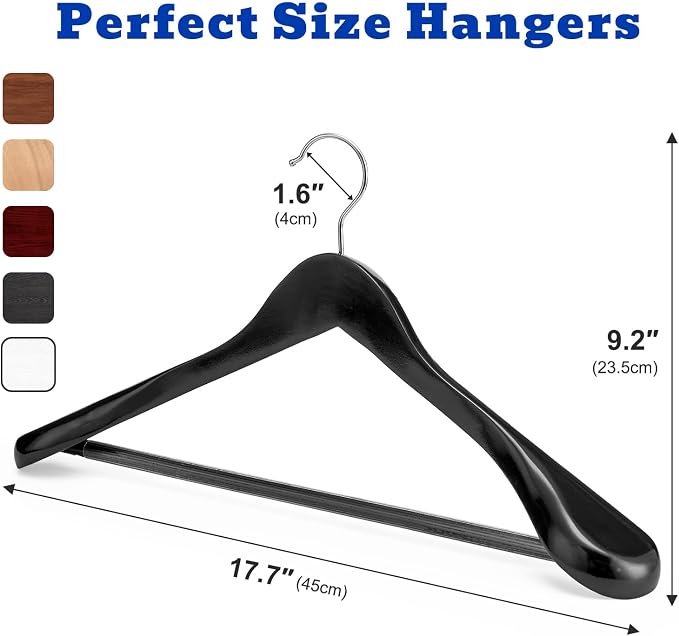 HOUSE DAY High-Grade Suit Hangers, Wide Shoulder Wooden Hangers with Non Slip Pants Bar, Smooth Finish 360° Swivel Hook Solid Wood Coat Hangers for Dress, Jacket, Heavy Clothes Hanger 6 Pack (Black) - Image 9
