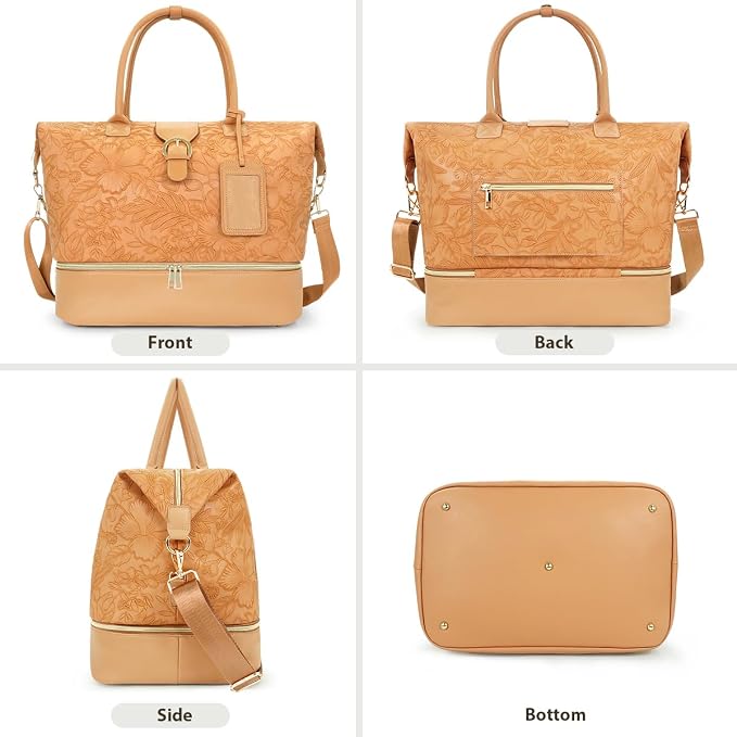 Leather Weekender Bags for Women, Travel Duffel Bag PU Overnight Bag Carry On Tote Bag with Shoe Compartment Wet Pocket - Image 7