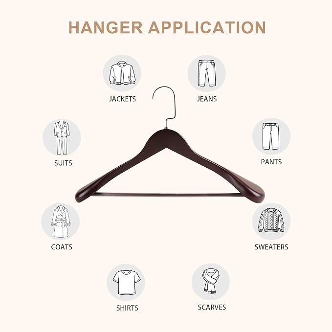 Wooden Suit Hangers with Non Slip Pants Bar, Walnut, 6-Pack, 16" | Wood Extra-Wide Shoulder Hangers, Flat-Head Hook Hangers for Suits, Coats, Jackets, Shirts, Pants, and Heavy Clothes - Image 8
