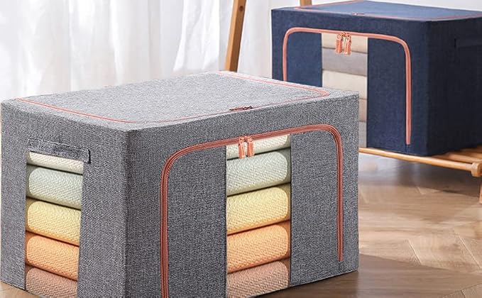 Clothes Storage Organizer - Stackable Storage Bags with Foldable Metal Frame, Zipper, Handles, Clear Window, Storage Container Box for Blanket Sweater Comforter Pillow (66L, Gray, 2 Pack) - Image 8