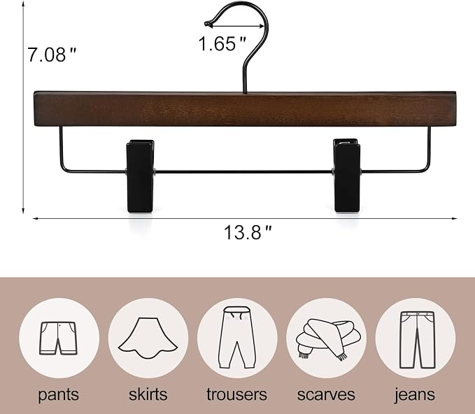 TOPIA HANGER Pants Hangers, Wooden Skirt Trouser Hangers with 2 Adjustable Metal Big Clips, Premium Retro Finish and 360°Swivel Black Hook, Jean Slacks Hangers for Closet, 20 Pack, CT03A20 - Image 6