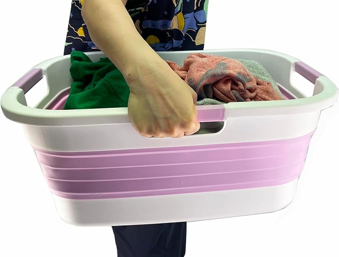 SAMMART 30L (7.9 gallon) Collapsible Plastic Laundry Basket - Foldable Pop Up Storage Container/Organizer - Portable Washing Tub - Space Saving Hamper/Basket (1, White/Pale Purple) - Image 8