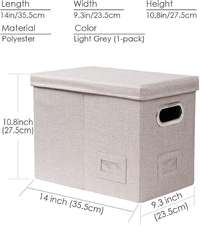 File Organizer Box - Set of 1 Collapsible Decorative Linen Filing Storage Hanging File Folders with Lids Office Cabinet Letter Size Light Grey (14x9.3x10.8 inch) - Image 8