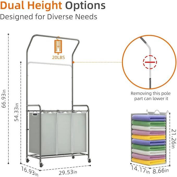 ROMOON Laundry Sorter Hamper with Hanging Bar, 3 Section Laundry Cart | Rolling Laundry Basket Organizer with Clothes Rack & Heavy-Duty Lockable Wheels for Apartment, Dorm, Small Spaces, 135L, Grey - Image 7