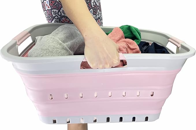 SAMMART 42L (11 gallon) Collapsible Plastic Laundry Basket - Foldable Pop Up Storage Container/Organizer - Portable Washing Tub - Space Saving Hamper/Basket (Grey/Pale Pink) - Image 8