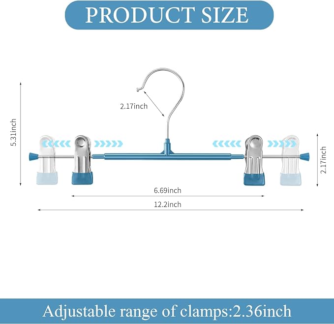 Pants Hangers with Clips Skirt Hangers, 12 Inch 20 Pack, Blue | Non-Slip,Adjustable metal clips,Space-Saving,Heavy duty, for pants/skirt/dress/trousers/jeans/shorts/Clothes,Women,men - Image 6