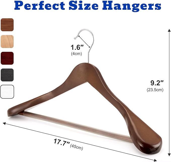 HOUSE DAY Wide Shoulder Wooden Hangers 12 Pack, Wood Suit Hangers for Men with Non Slip Pants Bar, Smooth Finish Solid Wood Coat Hanger for Jacket, Pants, Dress, Heavy Clothes Hanger (Walnut) - Image 9