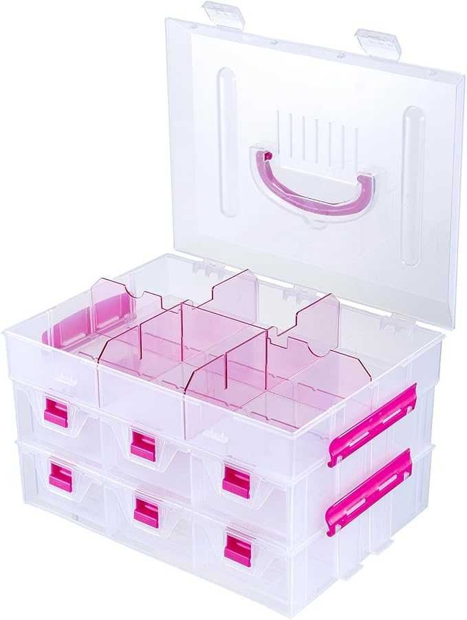 MyGift 11 Inch Clear Arts and Crafts Stackable Container, Sewing Supplies Storage Organizer Case with Pink Accents, 24 Customizable Compartments, and 6 Drawers with Removable Dividers - Image 7