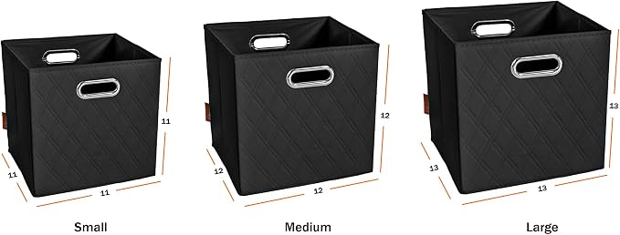 Small 11-inch Black Foldable Diamond Patterned Faux Leather Storage Cube Bins Set of Four with Handles with Dual Handles for living room, bedroom and office storage - Image 9