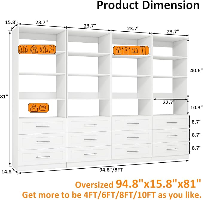 Closet System with 12 Drawers & 16 Shelves, Wood Closet Organizer System with 4 Extra Hanging Rod for Walk in Closet, Modular Closet Organizer System White(8FT) - Image 8
