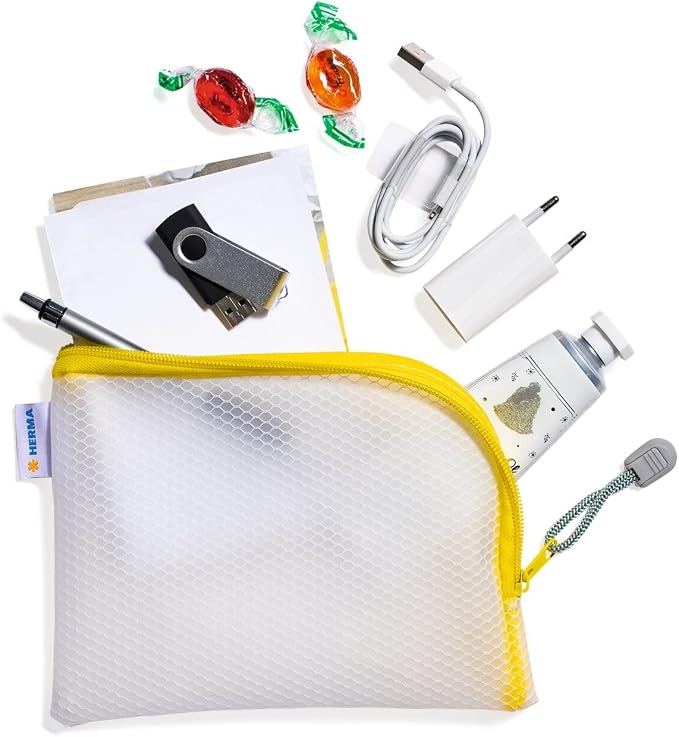 HERMA 20027 Zipped Travel Case A6 Transparent (19 x 14 cm) Small Lockable Clear Pocket with Zipper for Mobile Phone, Charging Cable, Cosmetics, Pens, Keys, Toiletry Bag in Yellow - Image 6
