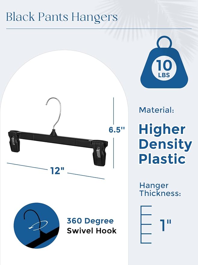 Smartor Black Pants Hangers 180 Pack, Skirt Hangers with Clips, 12 Inch | Non-Slip Clips, 360° Swivel Hooks; Versatile Plastic Clip Hangers for Women and Teens, Ideal for Shorts and Trousers - Image 9