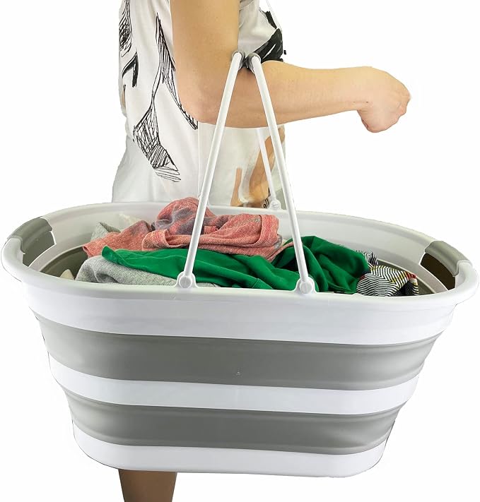 SAMMART 38L (10 Gallons) Collapsible Plastic Laundry Basket - Foldable Storage Container/Organizer - Portable Washing Tub - Space Saving Laundry Hamper (White/Grey) - Image 8