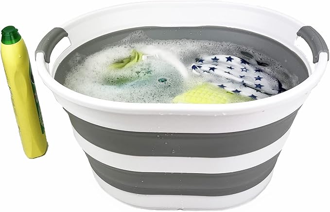 SAMMART 23L (6 Gallons) Set of 2 Collapsible Plastic Laundry Basket - Oval Tub - Foldable Storage Container/Organizer - Portable Washing Tub - Space Saving Laundry Hamper (Lake Green + Grey) - Image 7