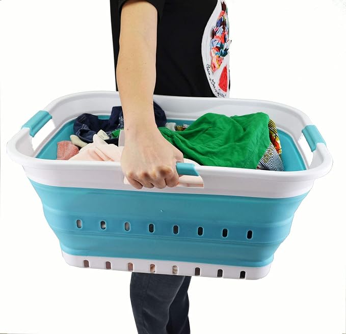 SAMMART 42L (11 gallon) Collapsible Plastic Laundry Basket - Foldable Pop Up Storage Container/Organizer - Portable Basket - Space Saving Hamper/Basket (2, White/Bright Blue) - Image 7
