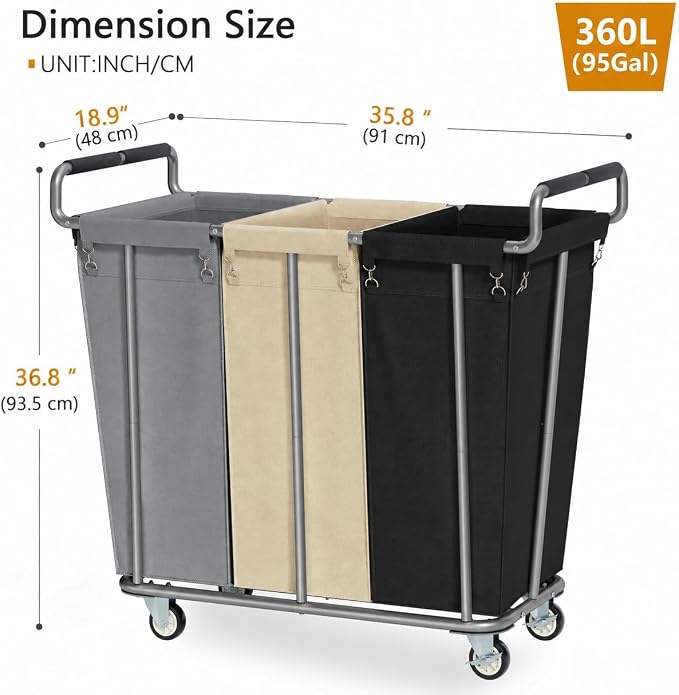 Gewudraw 3 Section Rolling Laundry Sorter Cart with Wheels, 360L | Commercial Laundry Cart Industrial, Large Laundry Basket Rolling Laundry Hamper with Handle for Bathroom, Bedroom, Hotel - Image 7