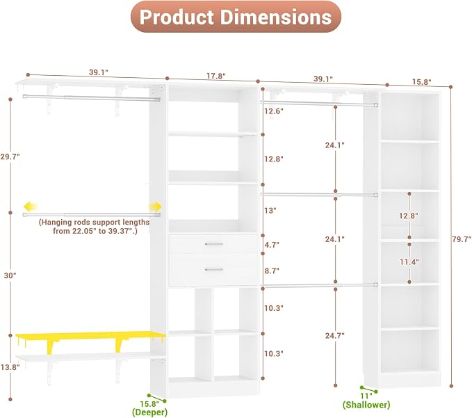 Besiost Closet System - 9.4FT/112" Closet Organizer System with Wooden Drawers,Closet Systems for Walk-In Closets with Hang Rods and Open Cabinet - Image 7