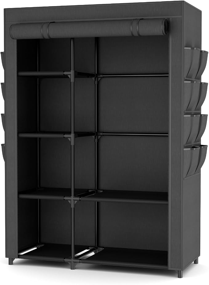 Portable Closets for Hanging Clothes, Wardrobe Closet with Hanging Rod and Clothing Storage Shelves, 8 Side Pockets, Free Standing Clothes Rack with Cover, for Bedroom and Dorm, Black - Image 8