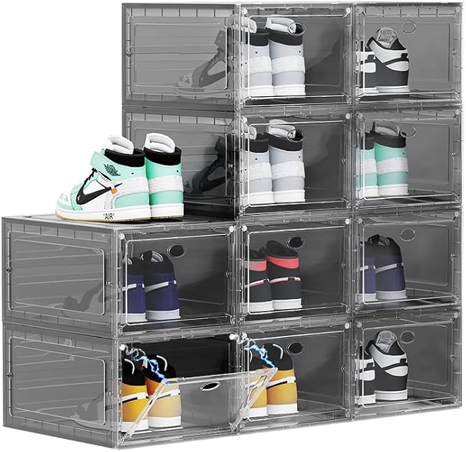 Large Clear Plastic Shoe Boxes Stackable, 10 Pack Drop Front Shoe Storage Box 0rganizer, Sneaker Storage Shoe Containers Display Case for Size 12 (Ash 10pack) - Image 8