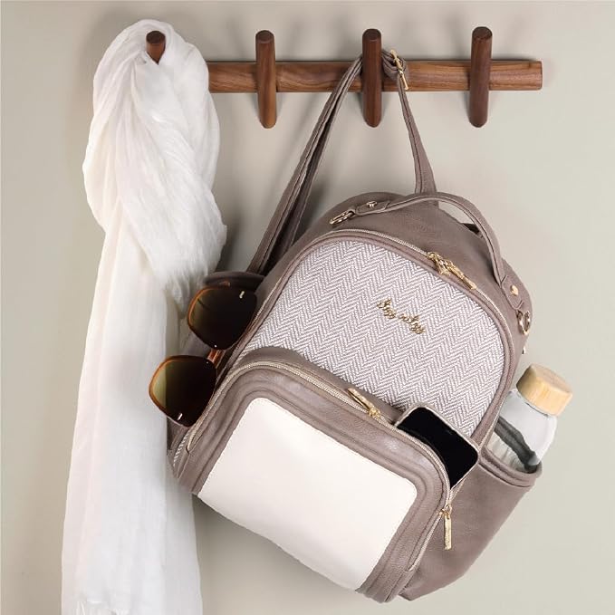 Itzy Ritzy Mini Diaper Bag Backpack, 10 Pockets Changing Pad, Vanilla Latte | Chic Mini Plus Diaper Bag with 2 Insulated Bottle Pockets, Key Lanyard, Wipeable Changing Pad, Grab-Top Handle & Rubber Feet - Image 10